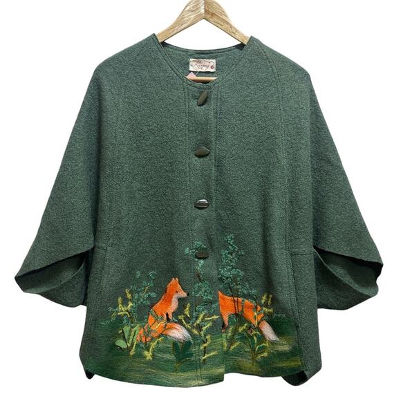 Artsy Bohemian Cape Poncho O/S Fox Embroidery Wool Alpaca Blend Cottage Country - Picture 11 of 11
